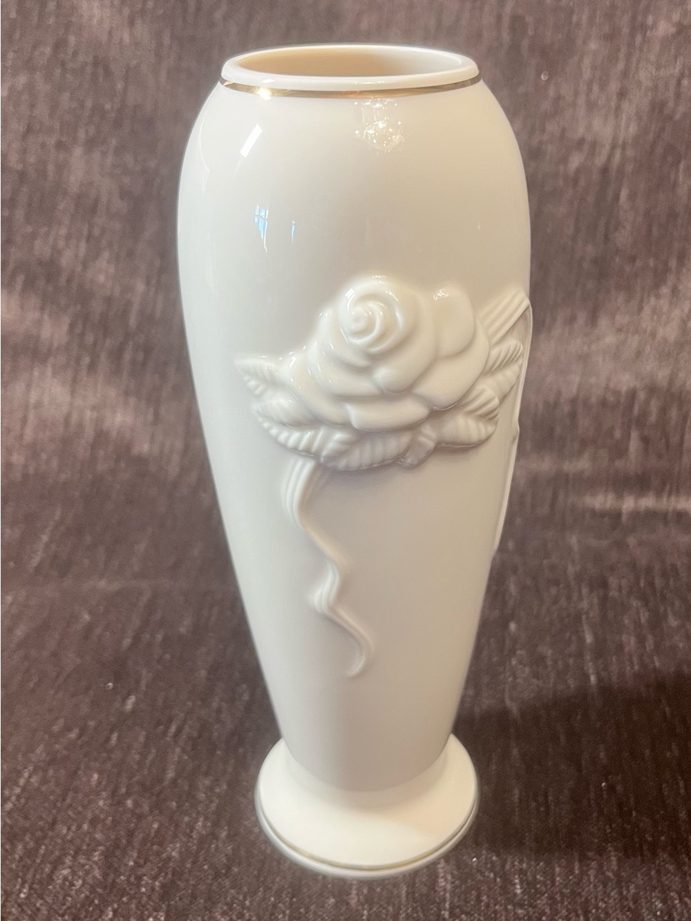 Lenox Ivory Porcelain Vase with Gold Trim and Rose Relief